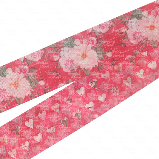 double sided grosgrain ribbon with pink dahlia and roses on red background with back side of hearts with insets of the front pattern