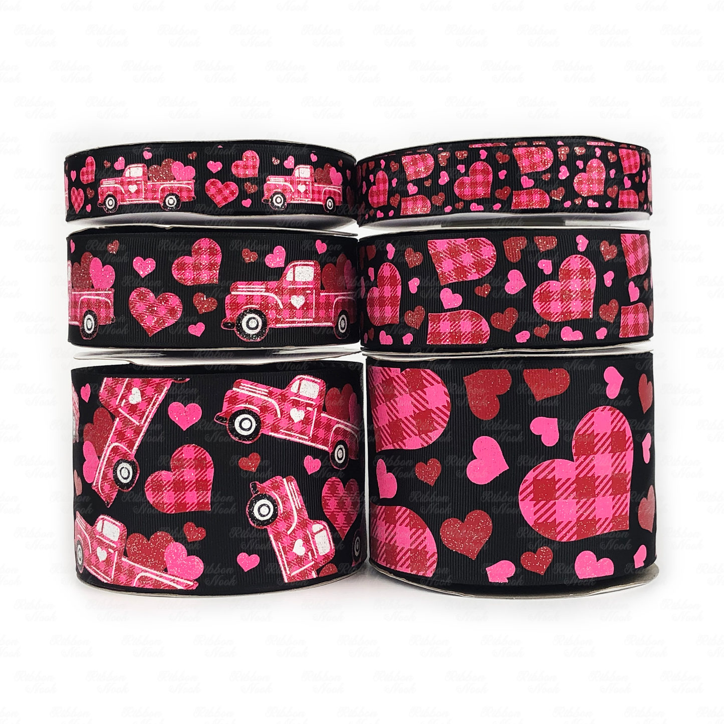 Plaid Truck and Hearts Grosgrain Ribbon Collection On Black