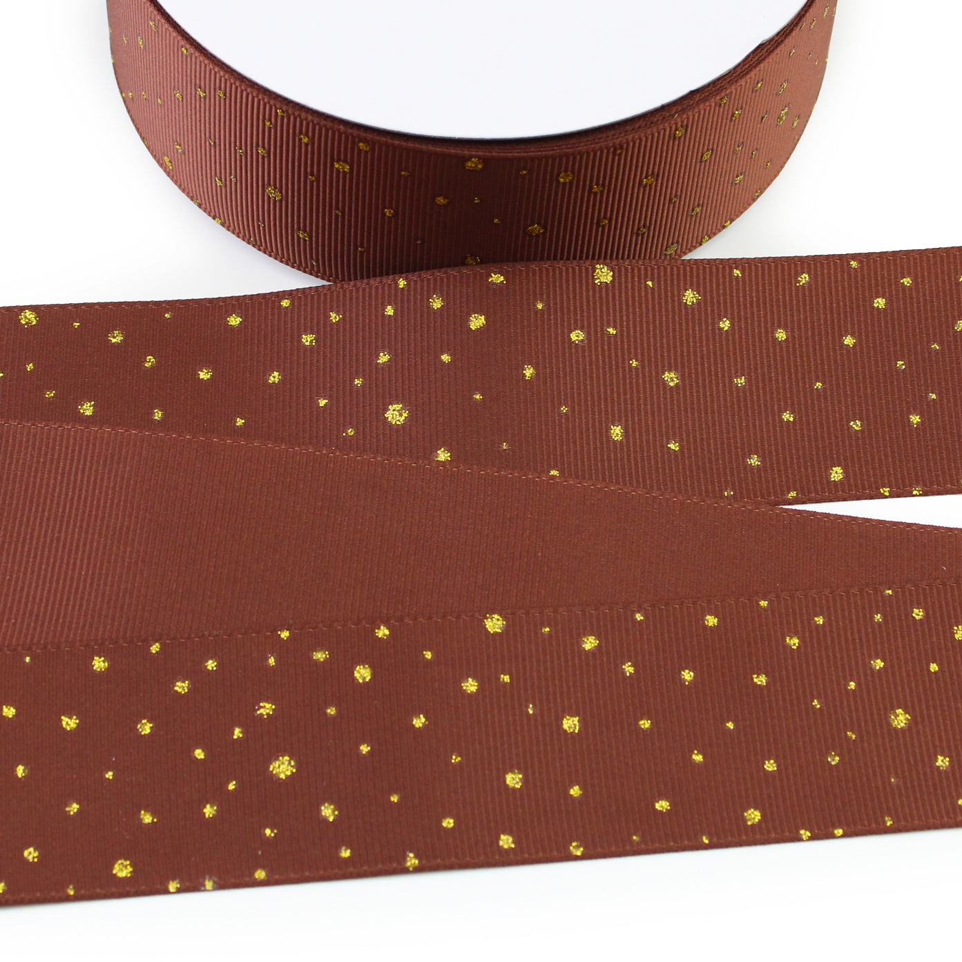 Gold Glitter Dots Root Beer Grosgrain Ribbon